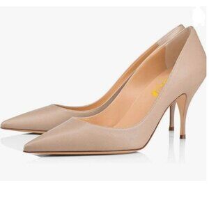 FSJ Nude Kitten Heels Pointy Closed Toe Pumps Slip On Office Ladies Party Shoe